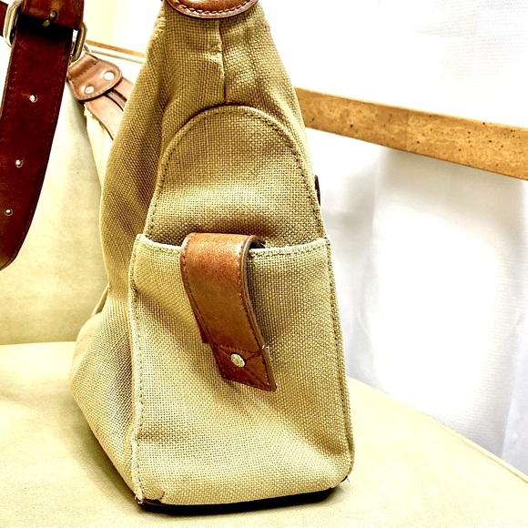 Relic By Fossil Tan Burlap Brown Leather Shoulder Bag Purse Canvas Handbag Tote - Picture 9 of 15